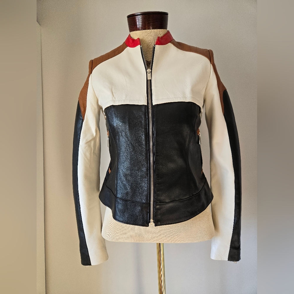TRISTAN 100% Leather White Black Red Brown Colorblock Leather Jacket. Size XS